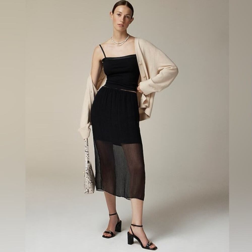 J. Crew Black Gwyneth Layered Slip Midi Skirt in Crinkle Chiffon NWT Size Small